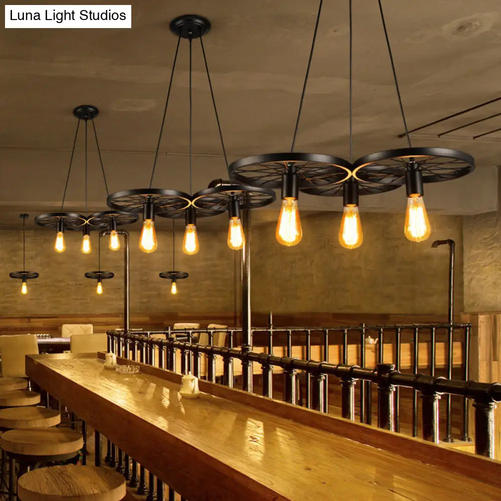 Metallic Industrial Style Multi-Light Pendant With Wheel Design Perfect For Restaurants