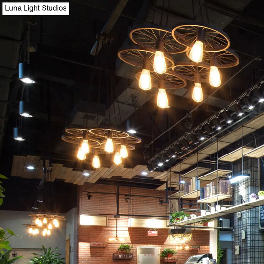 Metallic Industrial Style Multi-Light Pendant With Wheel Design Perfect For Restaurants