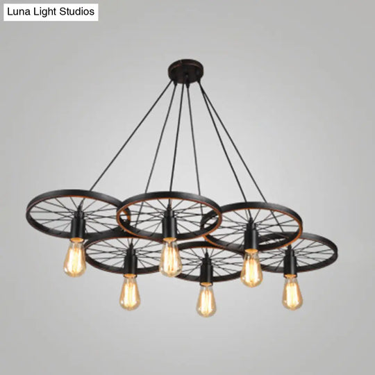 Metallic Industrial Style Multi-Light Pendant With Wheel Design Perfect For Restaurants 6 / Black