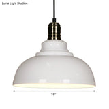 Industrial Style Metallic Pendant Ceiling Light - 12’/14’/16’ Dia 1 Bowl Shade Black/White Inner