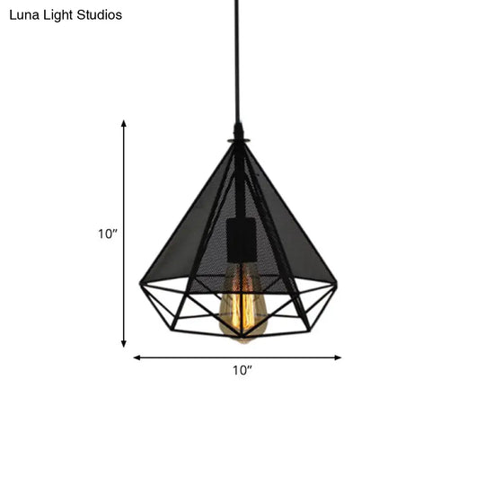 Industrial Style Black Diamond Pendant Lamp With Mesh Screen - Metallic Bulb Indoor Lighting