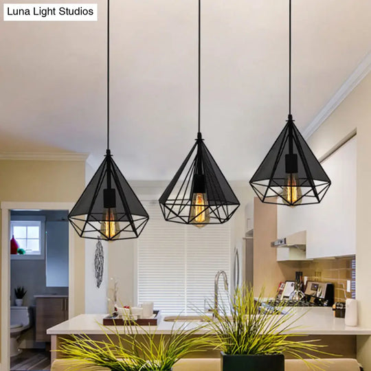 Industrial Style Black Diamond Pendant Lamp With Mesh Screen - Metallic Bulb Indoor Lighting