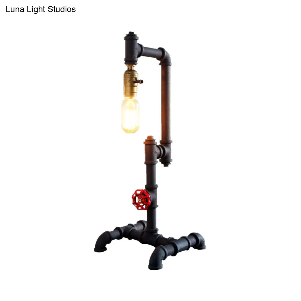 Industrial Style Metallic Table Light With Red Valve: 1-Light Standing Pipe Design In Dark Rust For