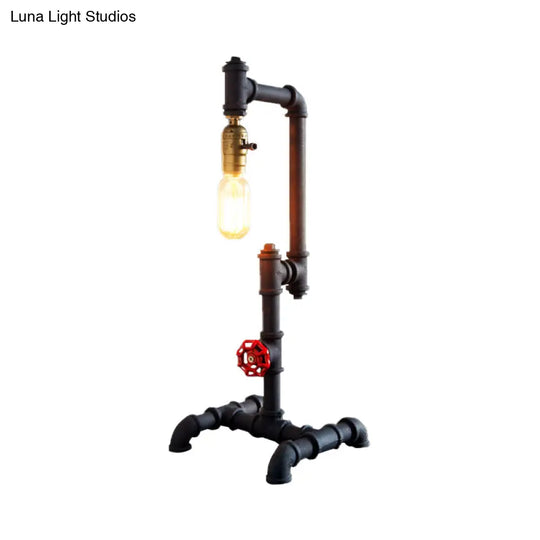 Industrial Style Metallic Table Light With Red Valve: 1-Light Standing Pipe Design In Dark Rust For