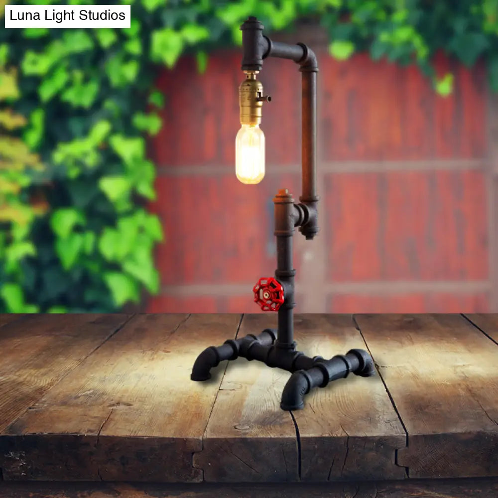 Industrial Style Metallic Table Light With Red Valve: 1-Light Standing Pipe Design In Dark Rust For