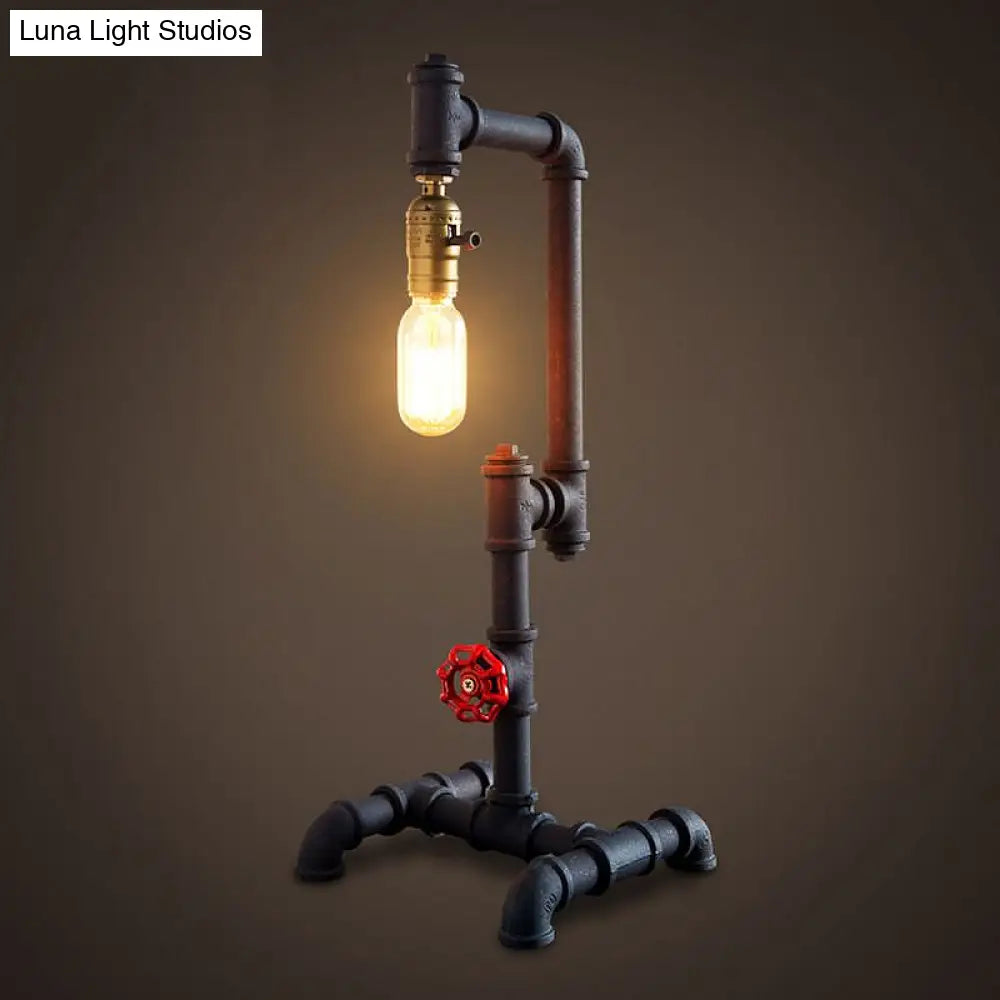 Industrial Style Metallic Table Light With Red Valve: 1-Light Standing Pipe Design In Dark Rust For