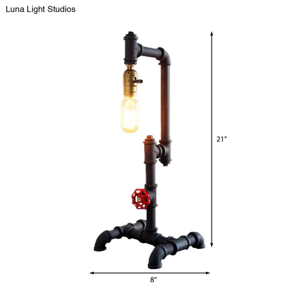 Industrial Style Metallic Table Light With Red Valve: 1-Light Standing Pipe Design In Dark Rust For