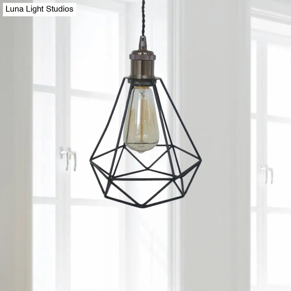 Industrial Style Mini Pendant Light - Black/Bronze Metal Cage Shade Over Table Bronze