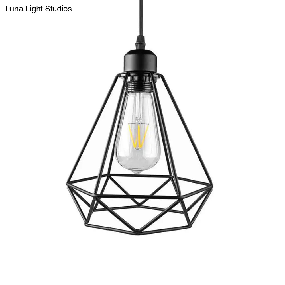Industrial Style Mini Pendant Light - Black/Bronze Metal Cage Shade Over Table