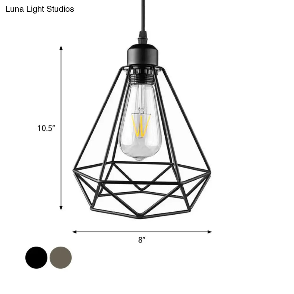 Industrial Style Mini Pendant Light - Black/Bronze Metal Cage Shade Over Table