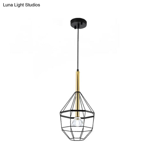 Industrial Style Pendant Lamp With Caged Metal And Clear Crystal Shade Black Finish