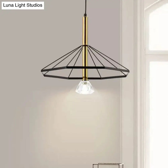 Industrial Style Pendant Lamp With Caged Metal And Clear Crystal Shade Black Finish