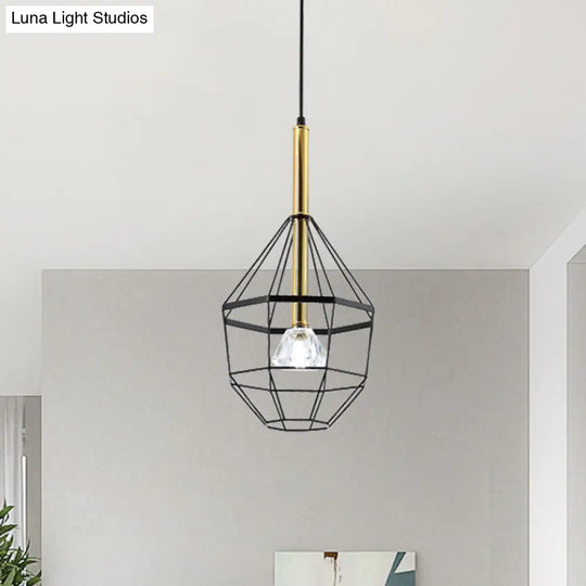 Industrial Style Pendant Lamp With Caged Metal And Clear Crystal Shade Black Finish