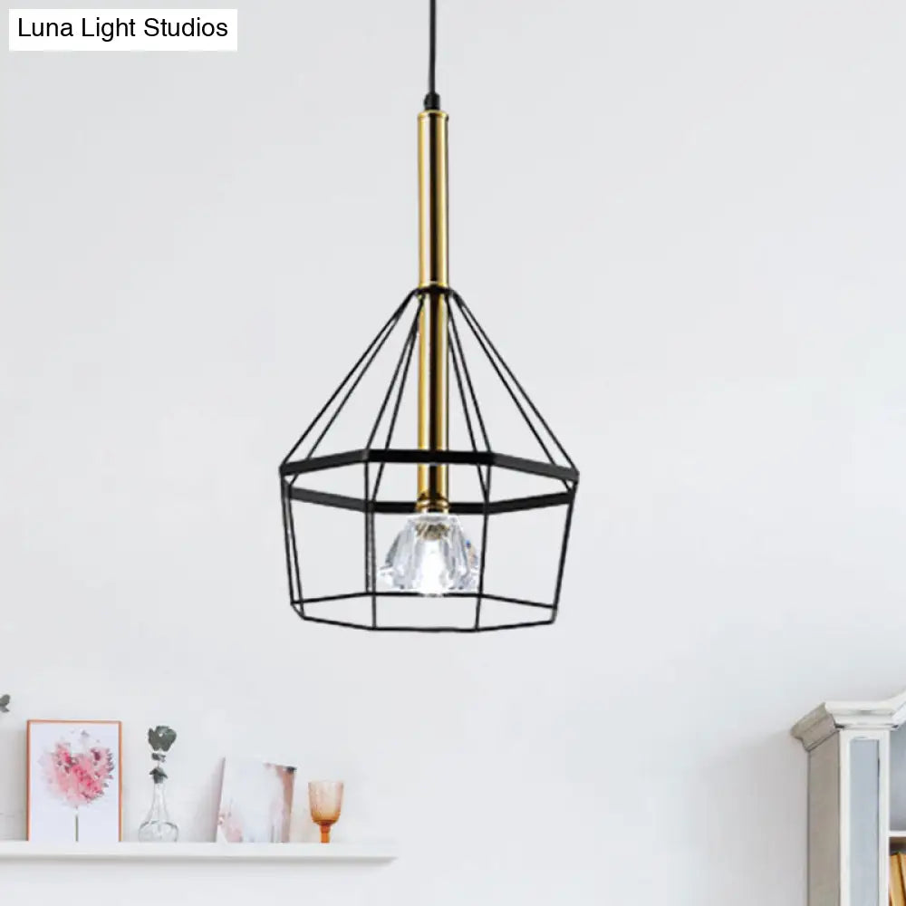 Industrial Style Pendant Lamp With Caged Metal And Clear Crystal Shade Black Finish