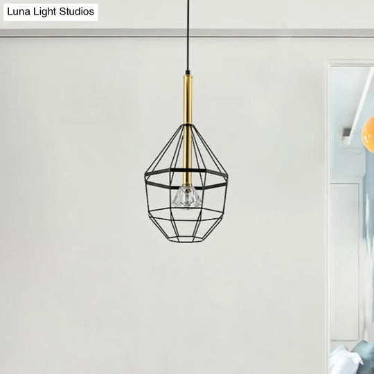 Industrial Style Pendant Lamp With Caged Metal And Clear Crystal Shade Black Finish