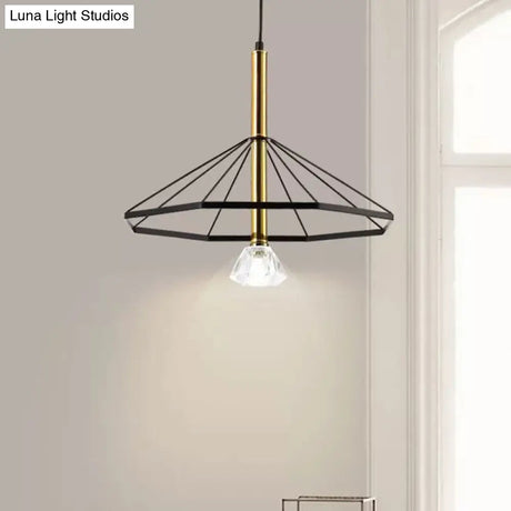 Industrial Style Pendant Lamp With Caged Metal And Clear Crystal Shade Black Finish