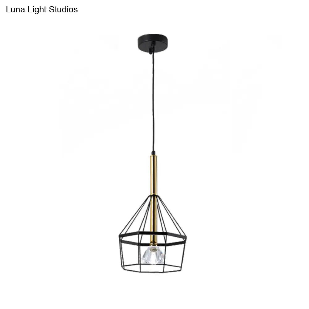 Industrial Style Pendant Lamp With Caged Metal And Clear Crystal Shade Black Finish