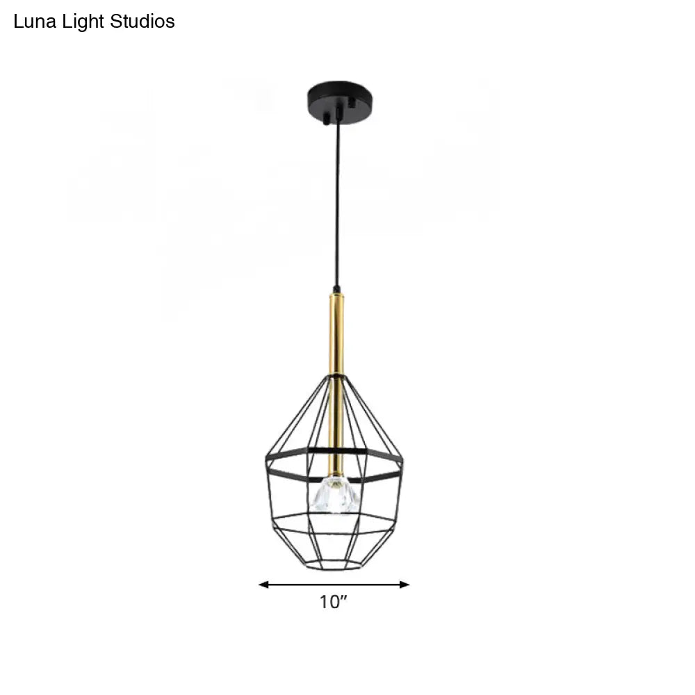 Industrial Style Pendant Lamp With Caged Metal And Clear Crystal Shade Black Finish