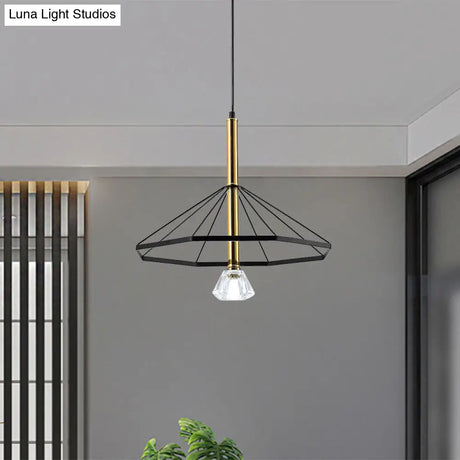 Industrial Style Pendant Lamp With Caged Metal And Clear Crystal Shade Black Finish