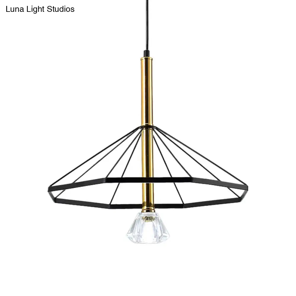 Industrial Style Pendant Lamp With Caged Metal And Clear Crystal Shade Black Finish