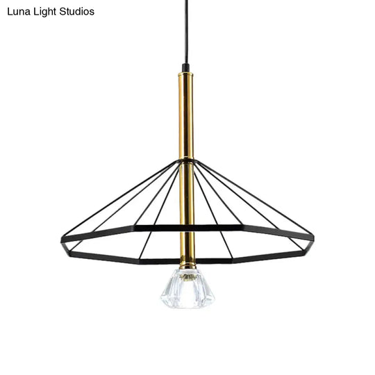 Industrial Style Pendant Lamp With Caged Metal And Clear Crystal Shade Black Finish