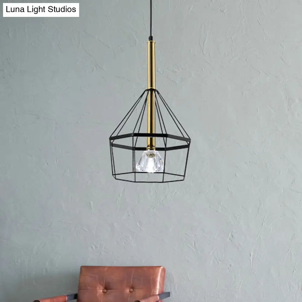 Industrial Style Pendant Lamp With Caged Metal And Clear Crystal Shade Black Finish