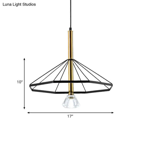 Industrial Style Pendant Lamp With Caged Metal And Clear Crystal Shade Black Finish