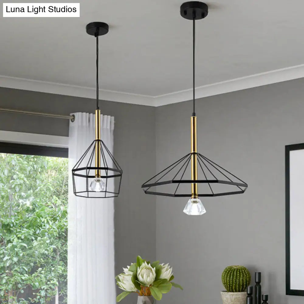 Industrial Style Pendant Lamp With Caged Metal And Clear Crystal Shade Black Finish