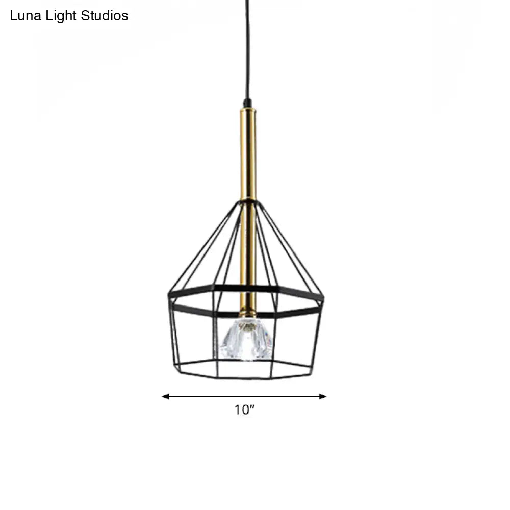 Industrial Style Pendant Lamp With Caged Metal And Clear Crystal Shade Black Finish