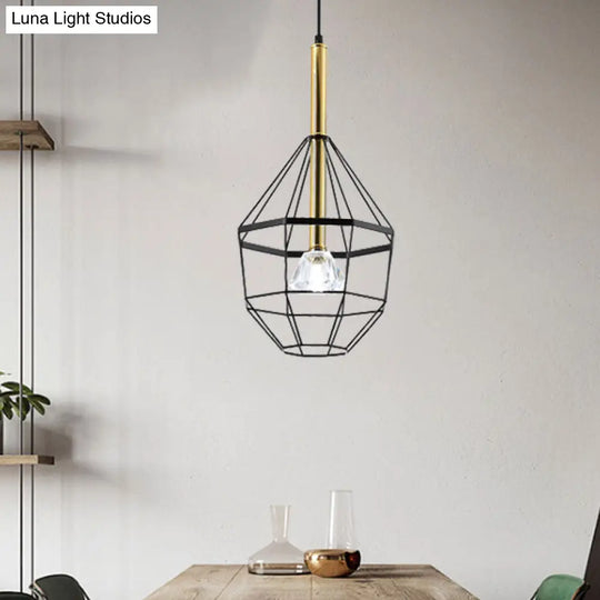 Industrial Style Pendant Lamp With Caged Metal And Clear Crystal Shade Black Finish