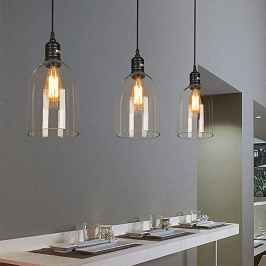 Industrial Style Pendant Light – Black Glass Hanging Ceiling Fixture With Clear Bulb