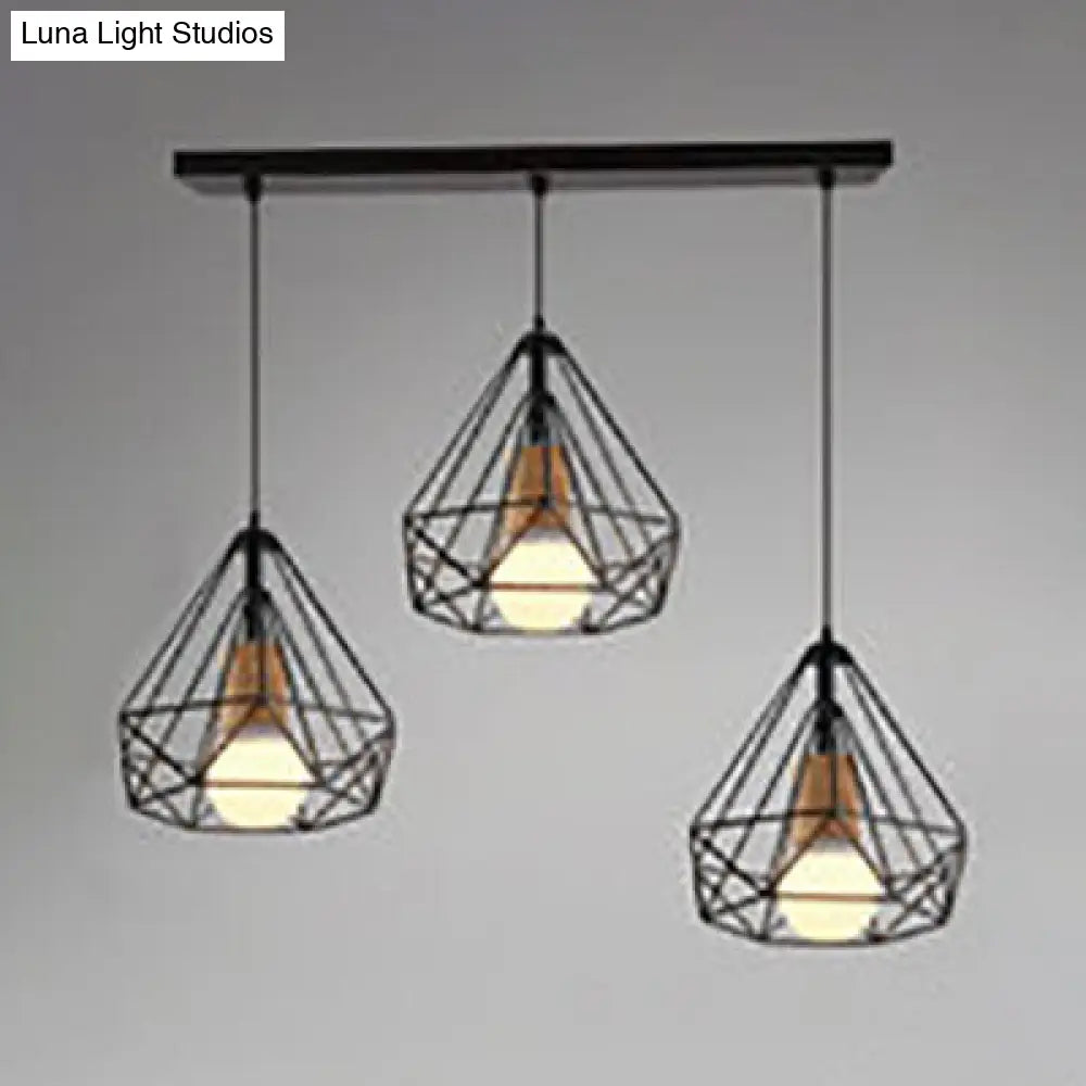 Industrial Style Black Pendant Lighting With Diamond Cage Shade - Set Of 3 Bulbs / Linear