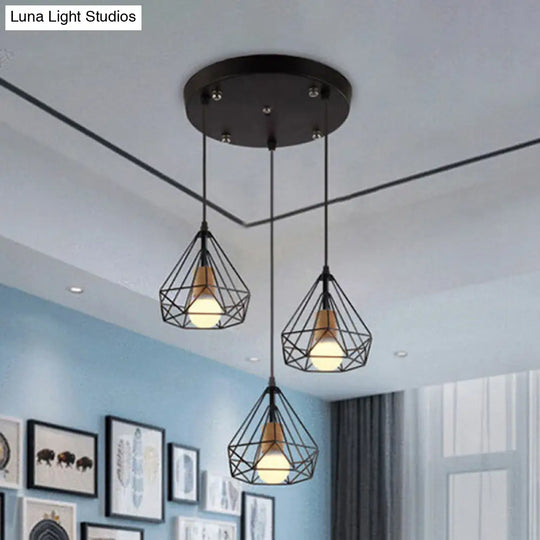 Industrial Style Black Pendant Lighting With Diamond Cage Shade - Set Of 3 Bulbs / Round