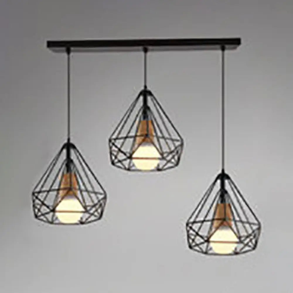 Industrial Style Pendant Lighting With Diamond Cage Shade And Metallic Black Finish - Set Of 3