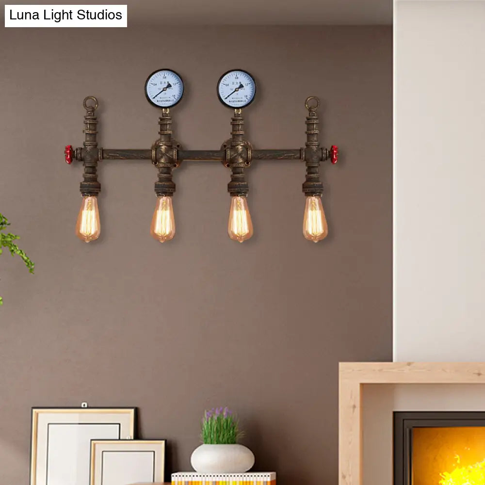 Industrial Style Pipe Wall Lamp Bronze Finish - 4 Lights Living Room Sconce With Gauge