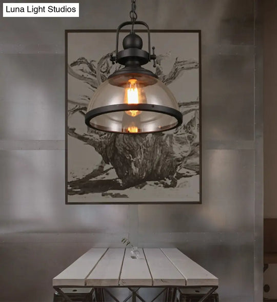 Industrial Style Pot Lid Pendant Lamp With Clear Glass Ceiling Fixture In Black