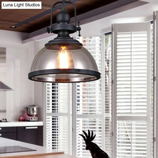 Industrial Style Pot Lid Pendant Lamp With Clear Glass Ceiling Fixture In Black