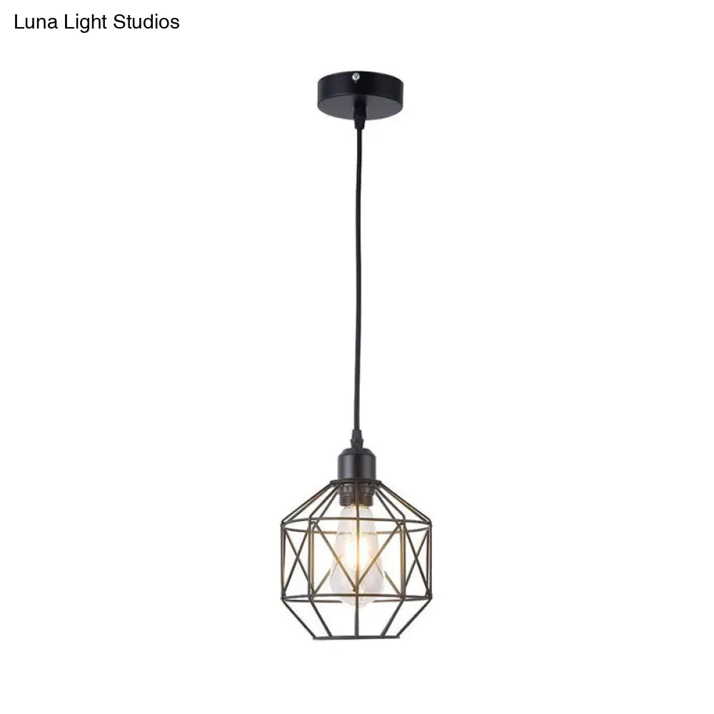 Industrial-Style Prism Cage Pendant Light - 1 Head Down Lighting In Black For Dining Room