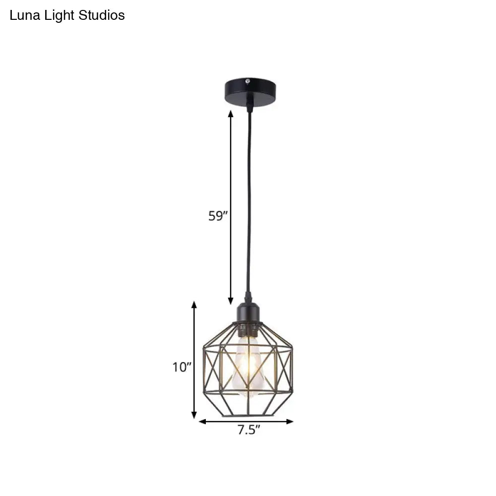 Industrial-Style Prism Cage Pendant Light - 1 Head Down Lighting In Black For Dining Room