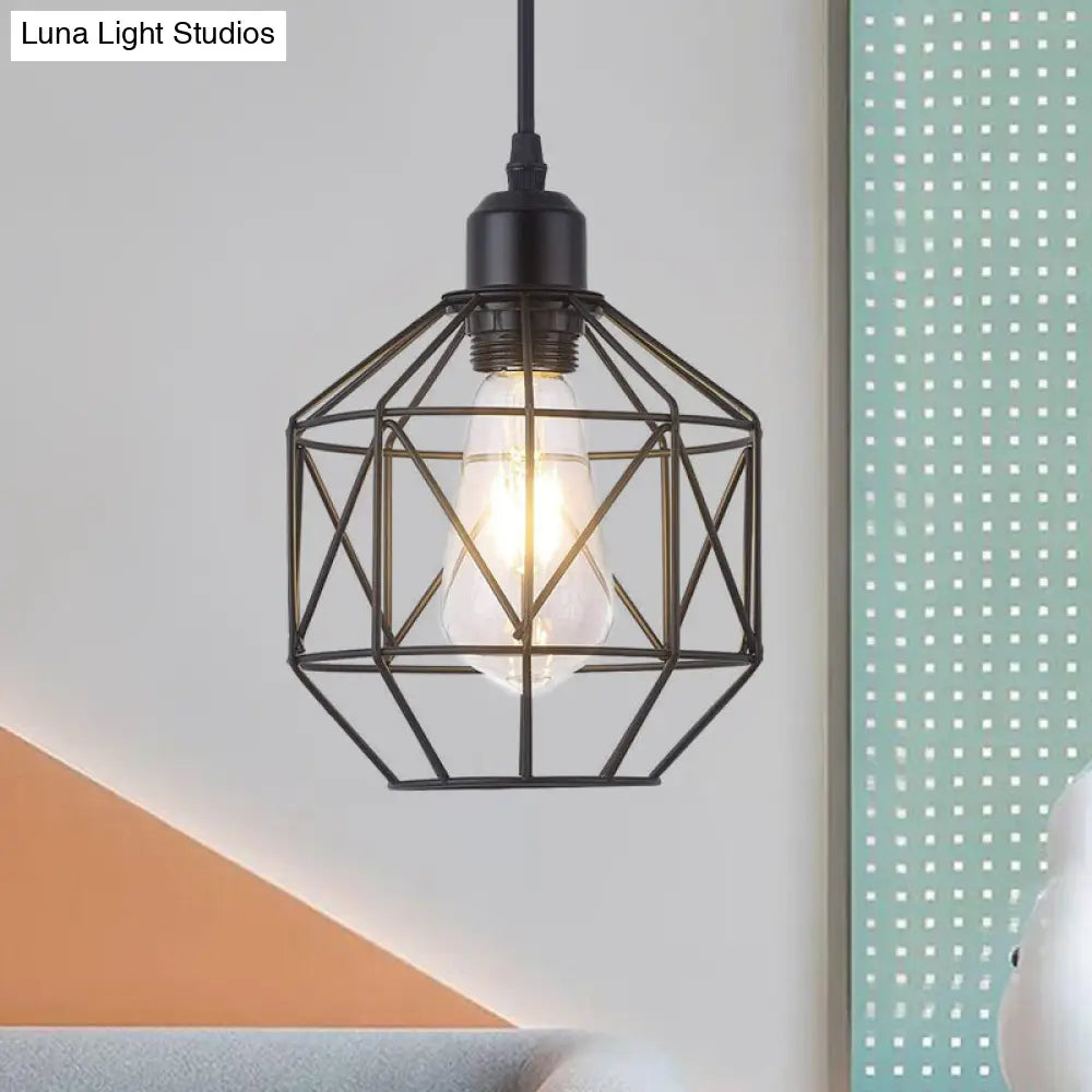 Industrial Style Prism Cage Iron Pendant Light - 1 Head Black Dining Room Down Lighting