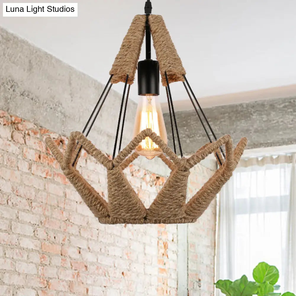 Industrial Style Pyramid Cage Pendant Lamp With Natural Rope And Metal - Black Hanging Light Fixture