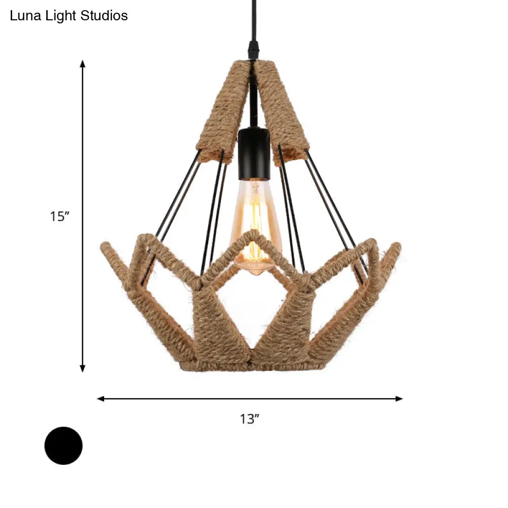 Industrial Style Pyramid Cage Pendant Lamp - Natural Rope And Metal 1 Head Black Hanging Light For