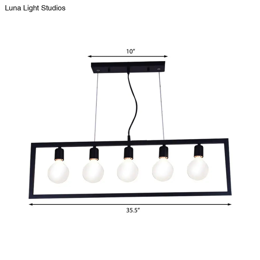 Industrial Style Rectangular Pendant Light With Black Metal Frame - 3/5 Lights Ceiling Hanging