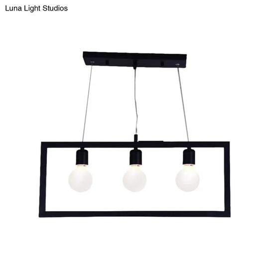 Industrial Style Rectangular Pendant Light With Black Metal Frame - 3/5 Lights Ceiling Hanging