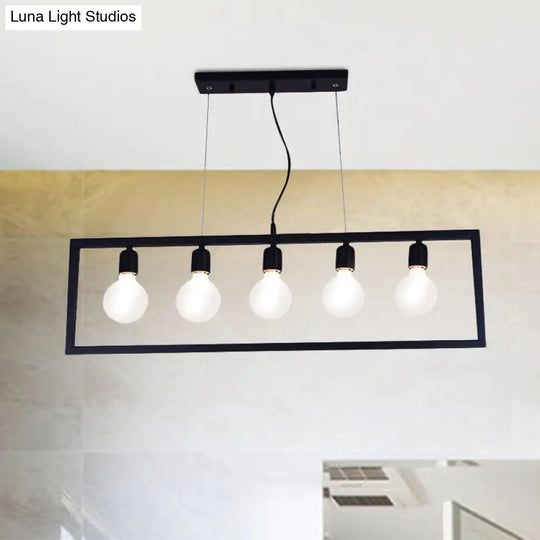 Industrial Style Rectangular Pendant Light With Black Metal Frame - 3/5 Lights Ceiling Hanging