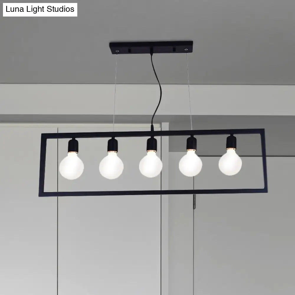 Industrial Style Rectangular Pendant Light With Black Metal Frame - 3/5 Lights Ceiling Hanging