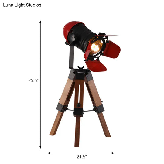 Industrial Style Red Metal And Wood Desk Lamp With Tripod Base - Ideal For Restaurants