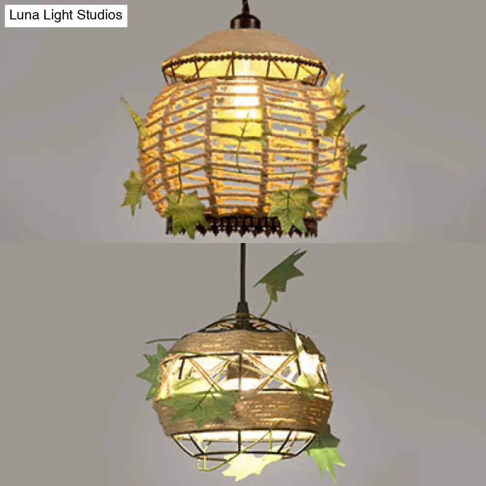 Industrial Style Rope Pendant Light With Artificial Leaf - 6.5’/8.5’ W Global Restaurant