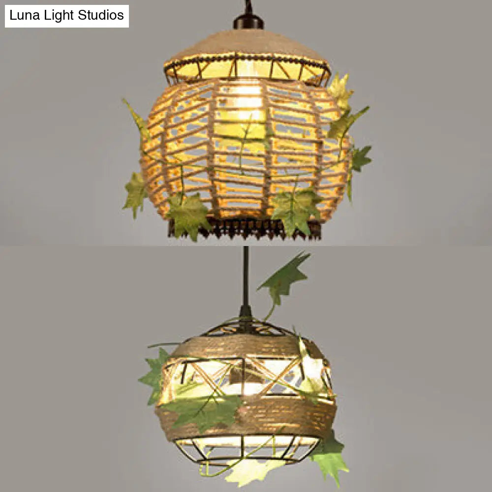 6.5/8.5 Industrial Style Rope Pendant Light With Leaf Accent - Global Restaurant Hanging Ceiling