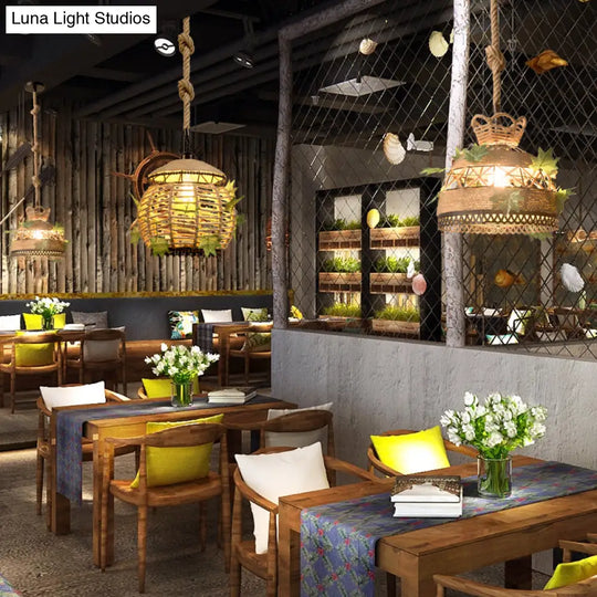 Industrial Style Rope Pendant Light With Artificial Leaf - 6.5’/8.5’ W Global Restaurant